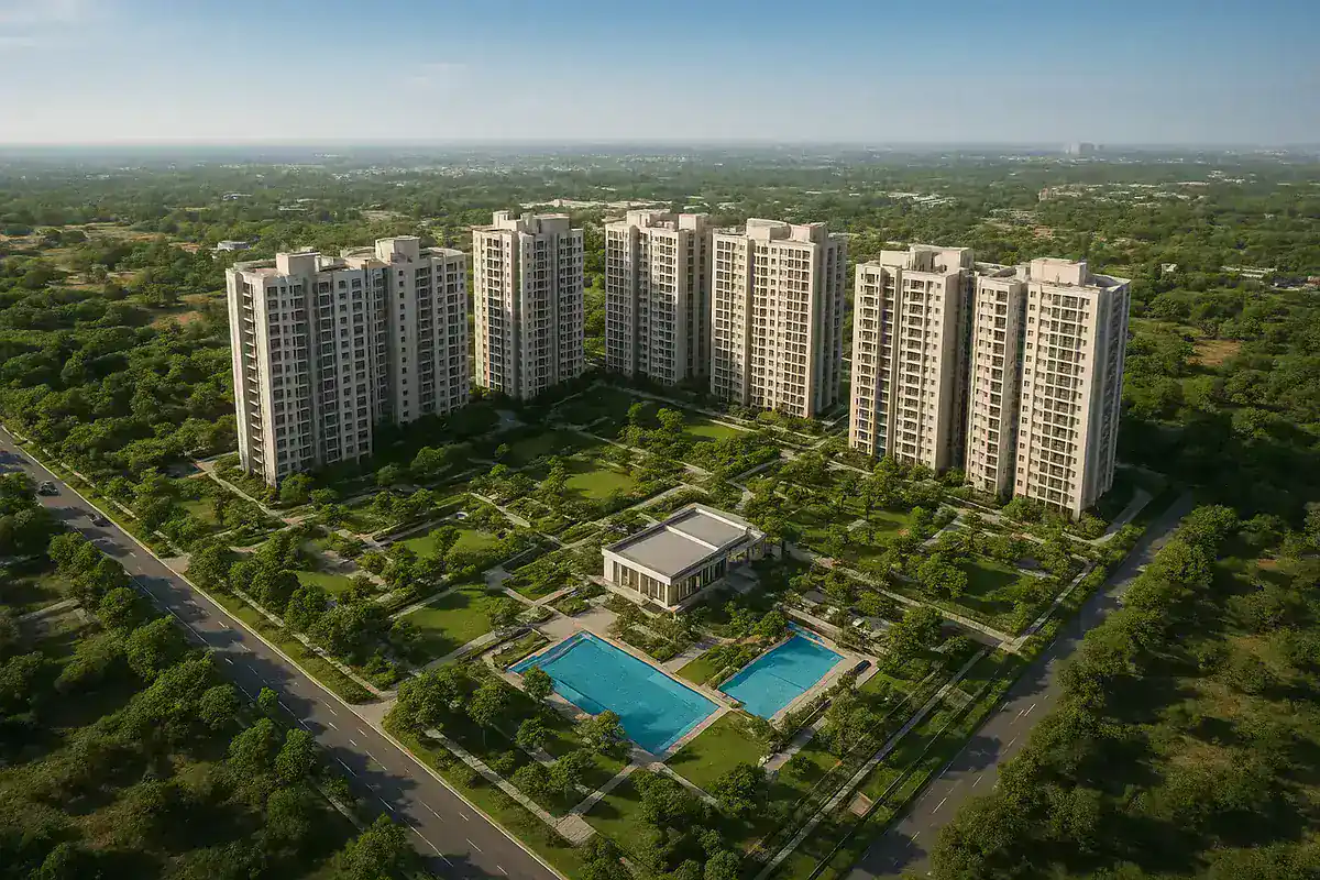 Aerial view of Sattva Lago towers and landscaped grounds in Neopolis, Kokapet, Hyderabad