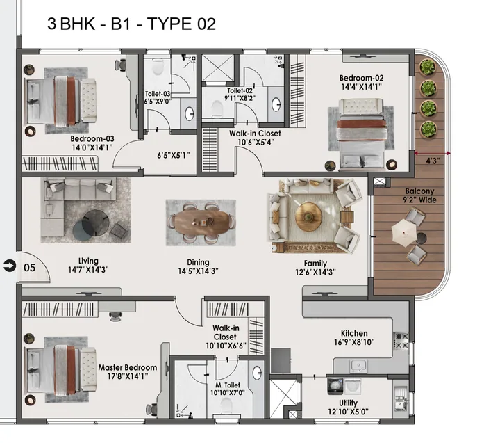 3 BHK B1 Type 02 floor plan of Sattva Lago
