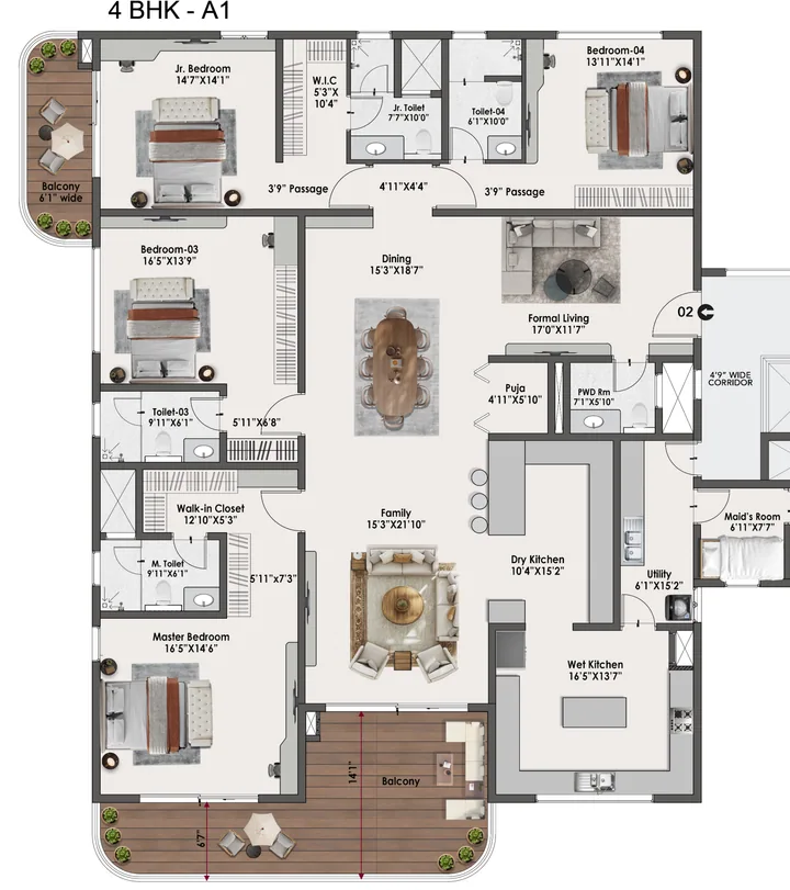 4 BHK A1 floor plan of Sattva Lago Tower Corra