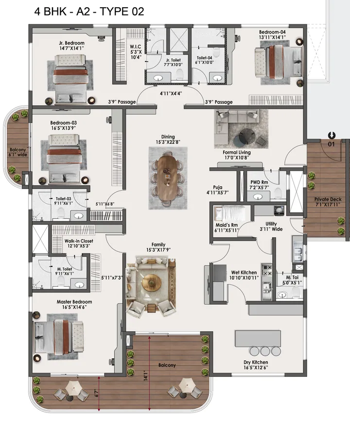 4 BHK A2 Type 02 floor plan of Sattva Lago Tower Corra