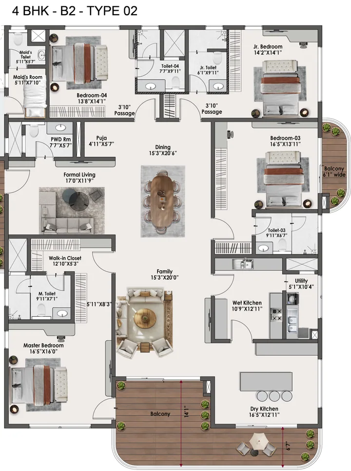 4 BHK B2 Type 02 floor plan of Sattva Lago Tower Corra